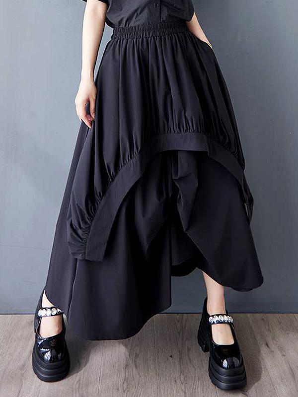 A-Line Loose Asymmetric Elasticity Pleated Pockets Solid Color Skirts Bottoms Product Image