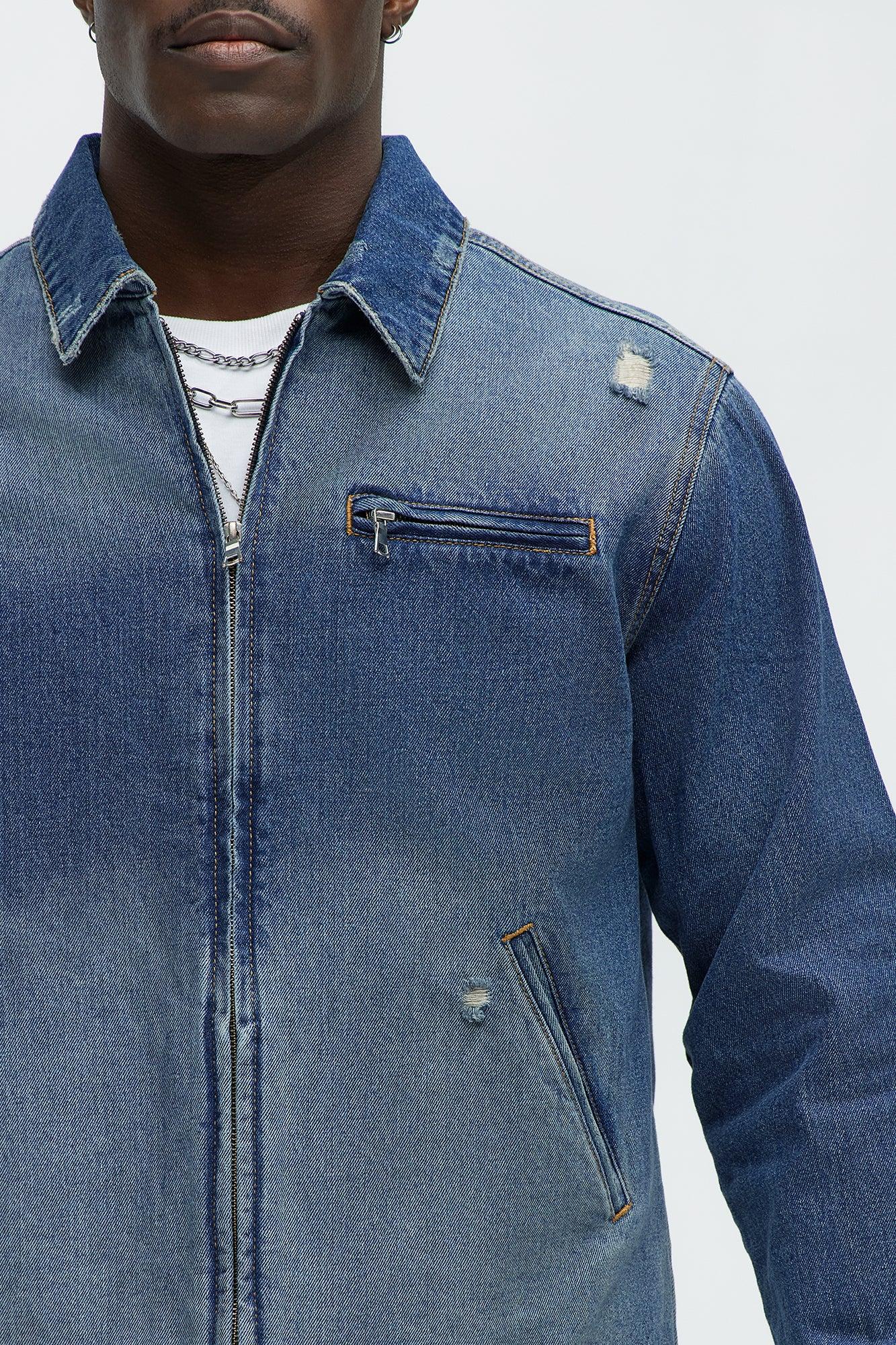 Distressed Zip Denim Jacket - Medium Wash Product Image