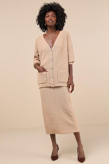 Toasty Sophistication Tan Two-Piece Cardi Sweater Midi Dress Product Image