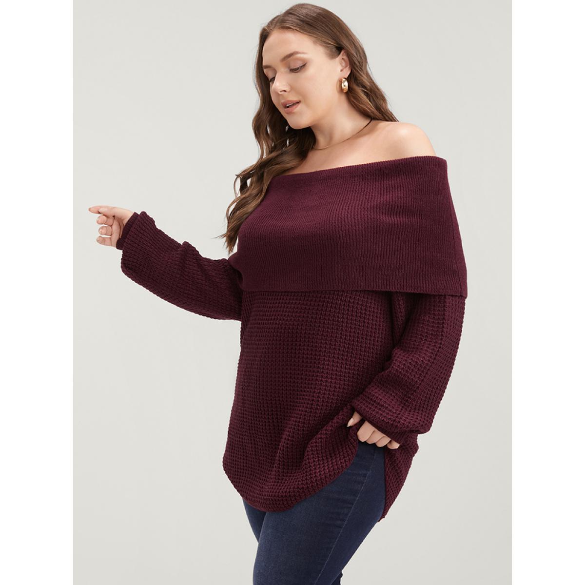 Plus Size Solid Pointelle Knit Arc Hem Off Shoulder Knit Top Scarlet Women Elegant Loose Long Sleeve One-shoulder neck Dailywear Pullovers BloomChic 22-24/3X Product Image