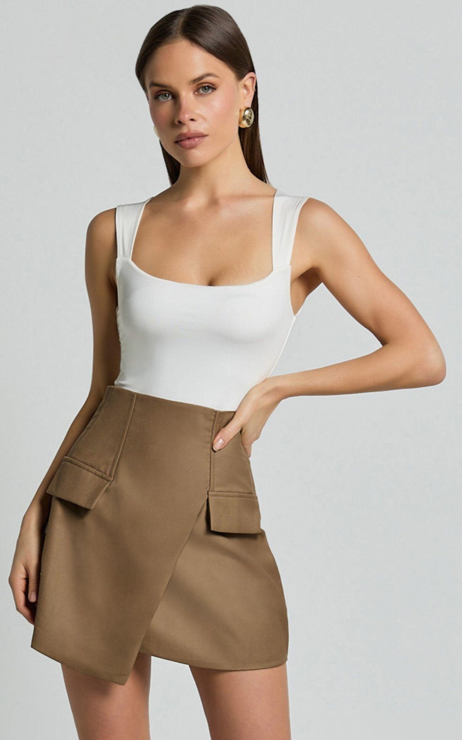 Haidy Mini Skirt - Faux Pockets Wrap Skirt in Taupe Product Image