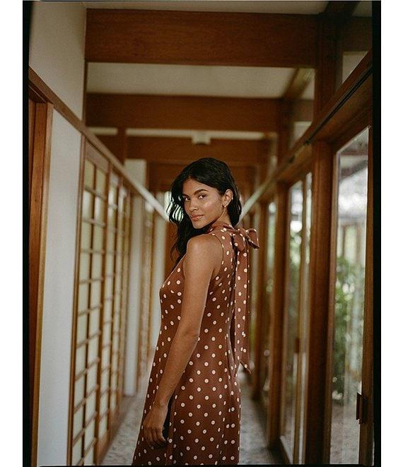 French Connection Ennis Satin Bow Neck Sleeveless Polka Dot Midi Dress Product Image