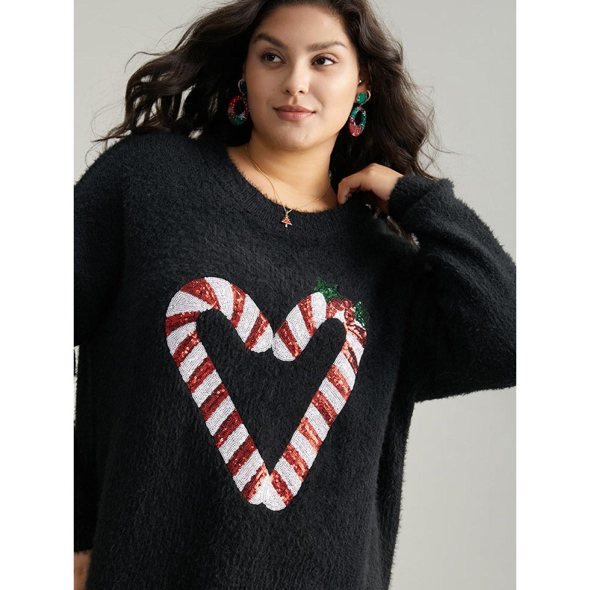 Plus Size Sequin Christmas Heart Graphic Pullover Black Women Casual Loose Long Sleeve Round Neck Festival-Christmas Pullovers BloomChic 12/L Product Image