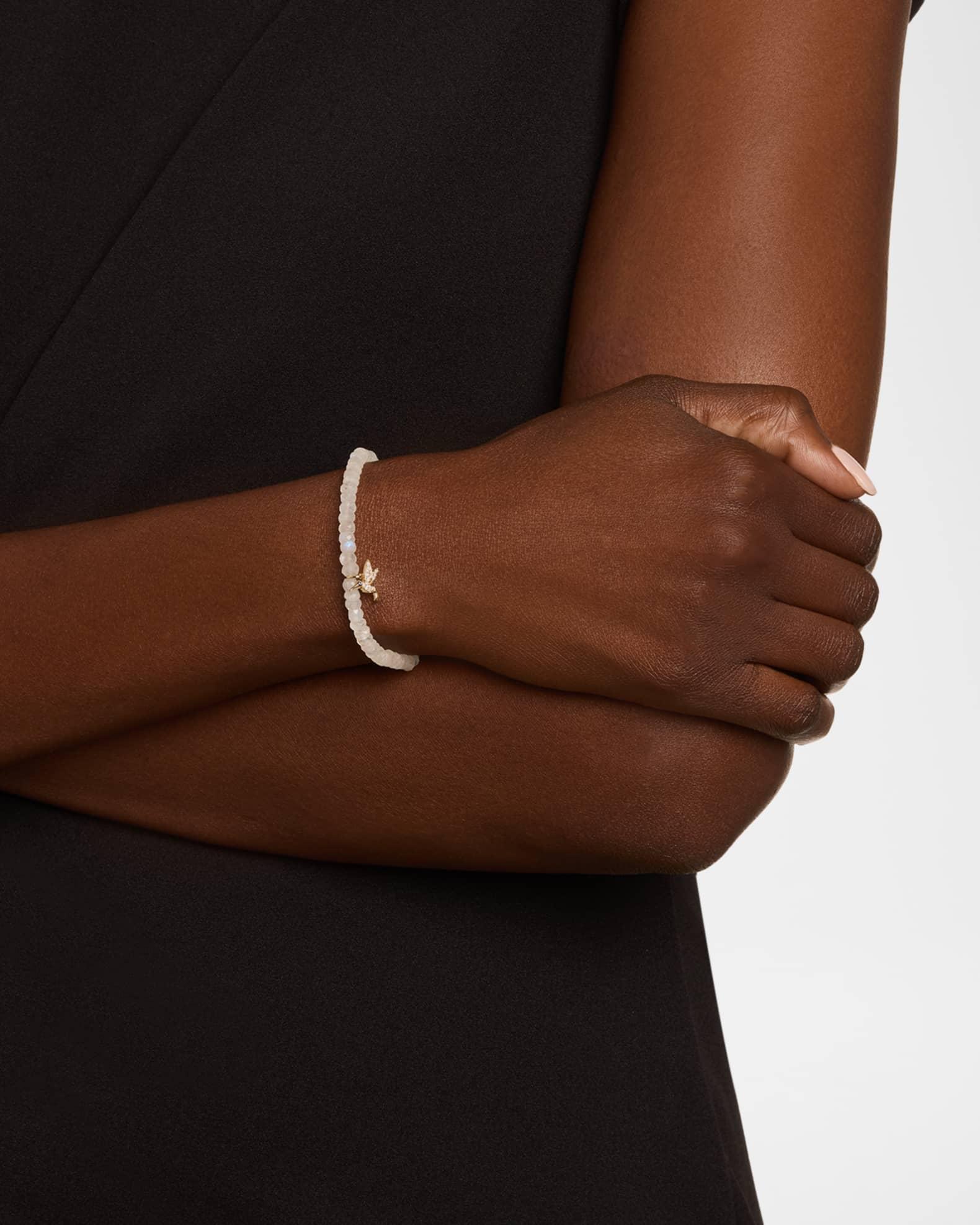 14K Gold Hummingbird Charm on Rainbow Moonstone Beaded Bracelet Product Image