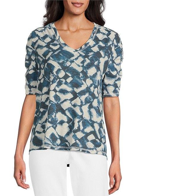 Westbound Bias Grid Ruched Short Sleeve V-Neck Top Product Image