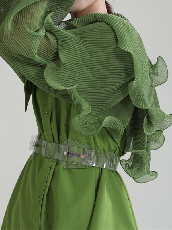 Long Sleeves Loose Asymmetric Pleated Solid Color Split-Joint Falbala Lapel Blouses&Shirts Tops Product Image