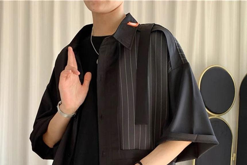 Short Sleeve Striped Shirt Jacket Product Image