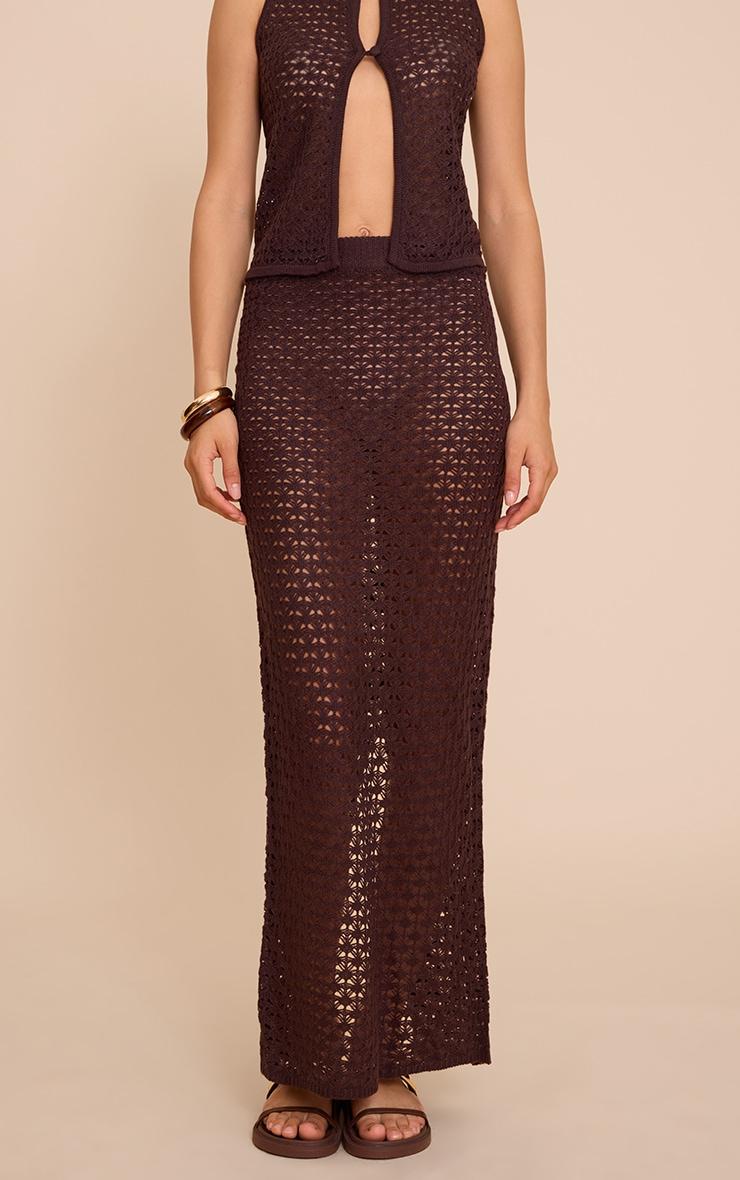  Chocolate Crochet Knit Maxi Skirt Product Image
