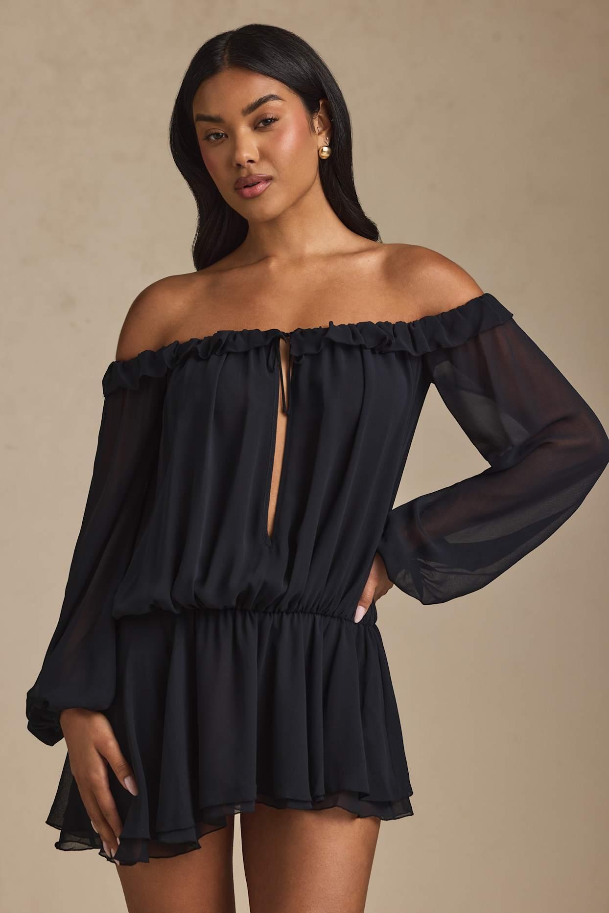 Off-Shoulder Asymmetric Balloon-Sleeve Mini Dress in Black Product Image