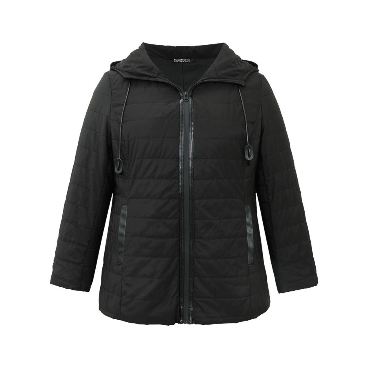 Plus Size Drawstring Patchwork PU Leather Zipper Jacket Women Black Casual Lined Ladies Everyday Winter Coats BloomChic 22-24/3X Product Image