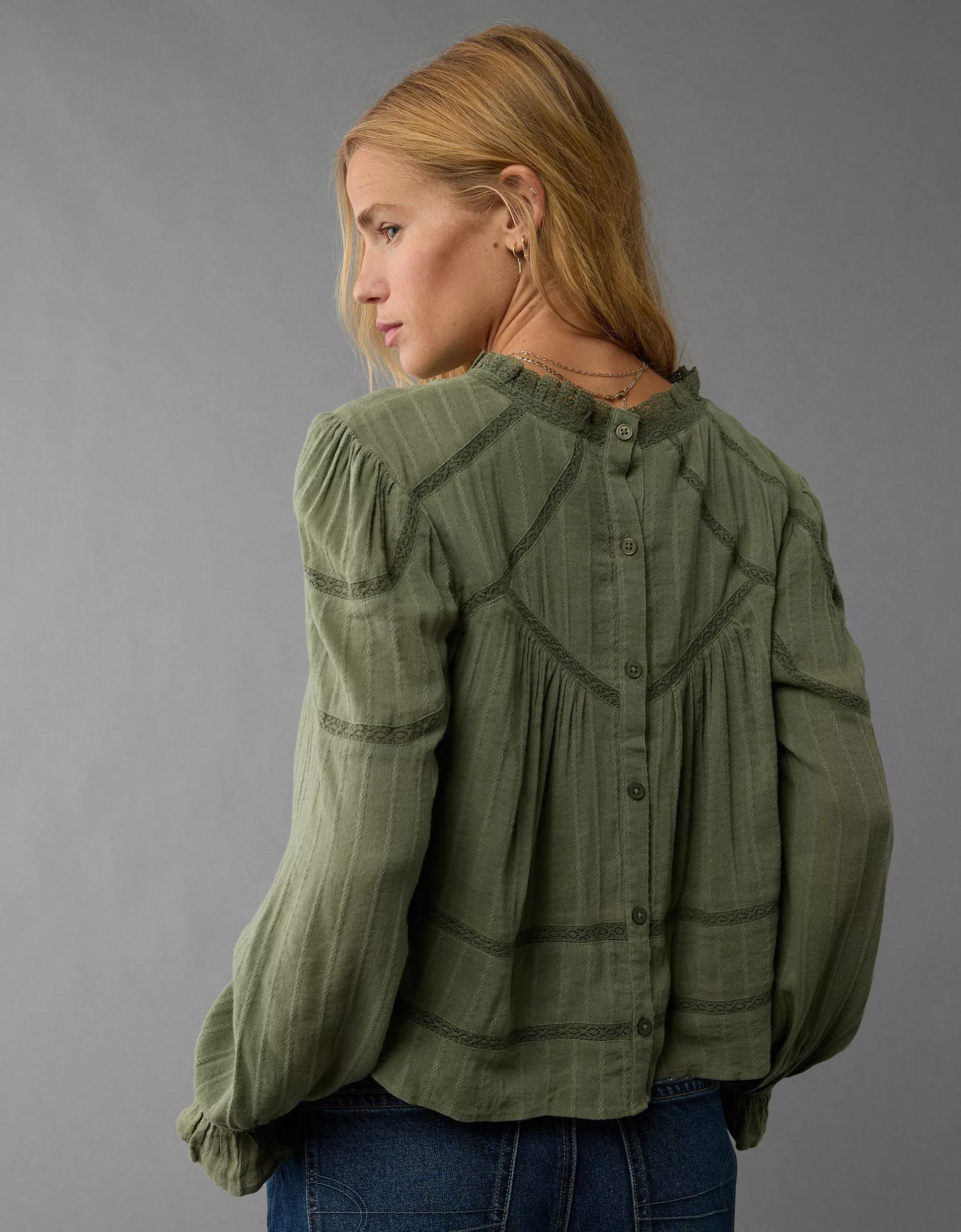 AE Long-Sleeve High Neck Lace Babydoll Top Product Image