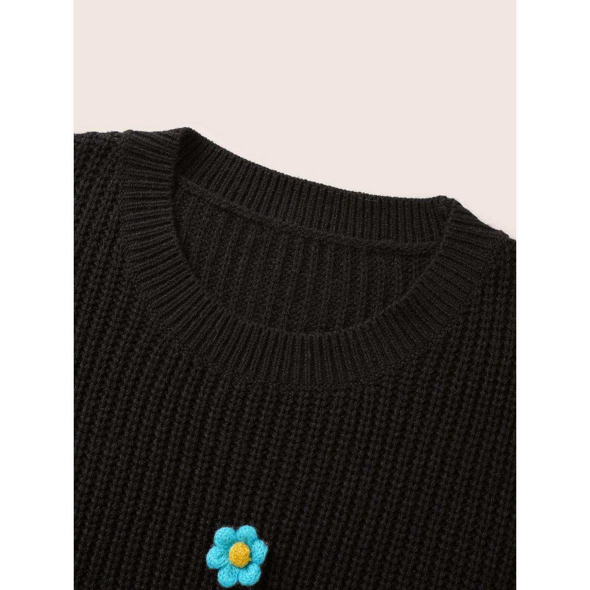 Plus Size Stereo Flower Design Round Neck Pullover Black Women Casual Long Sleeve Round Neck Everyday Pullovers BloomChic 10/M Product Image