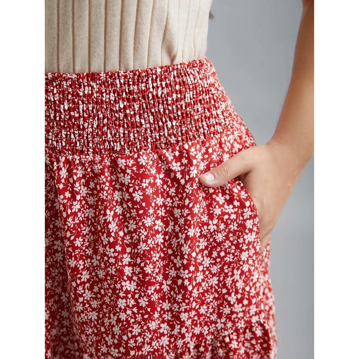 Plus Size Romantic Floral Waist Shirred Midi Skirt Women Crimson Timeless Shirred No stretch Side seam pocket Elegant Skirts BloomChic 28/5X Product Image