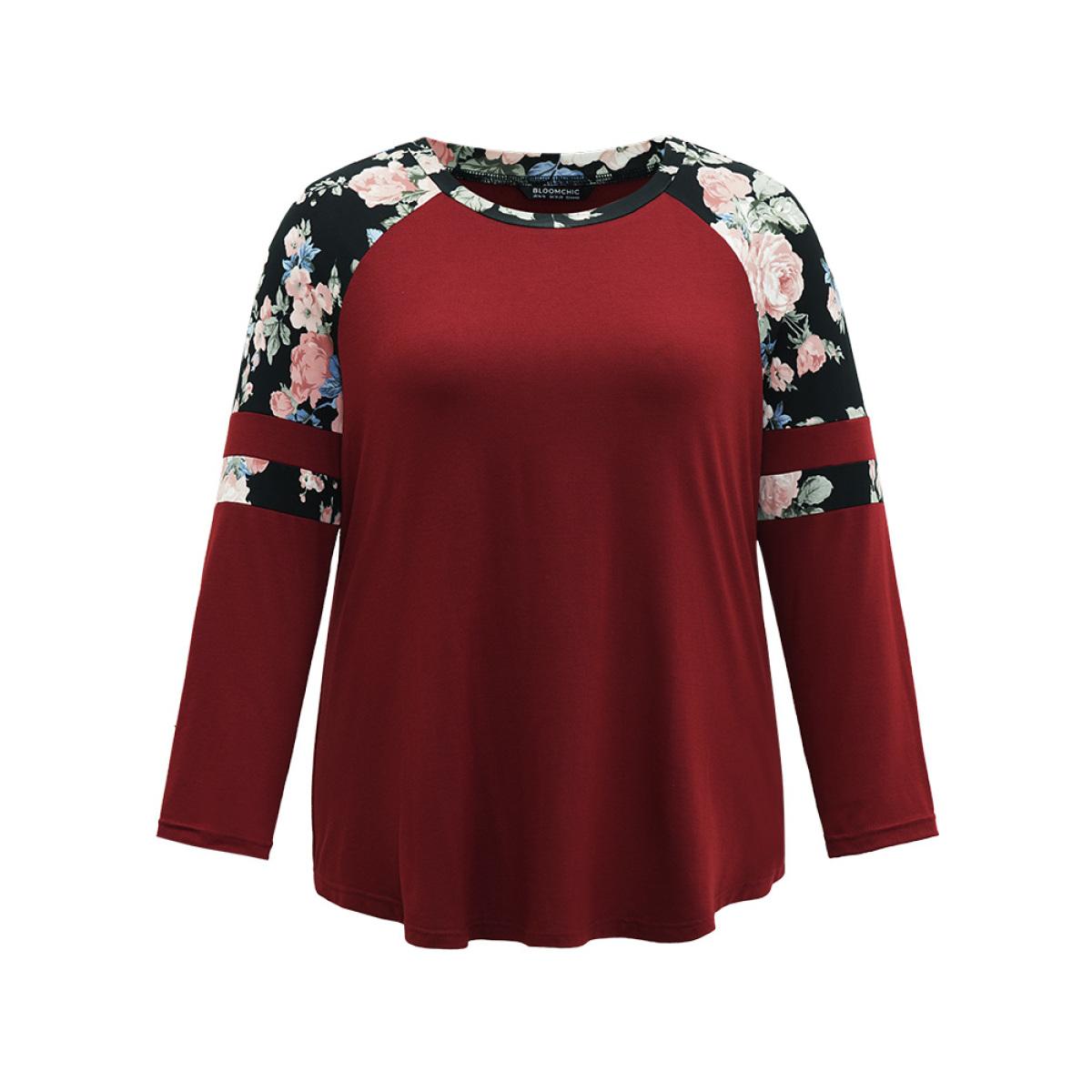 Plus Size Floral Print Patchwork Raglan Sleeve T-shirt Red Women Casual Contrast Floral Round Neck Festival-Christmas T-shirts BloomChic 14-16/1X Product Image