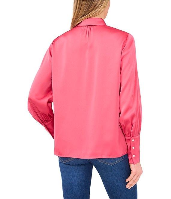CeCe Satin Point Collar Long Sleeve Tall Cuff Pearl Button Front Blouse Product Image