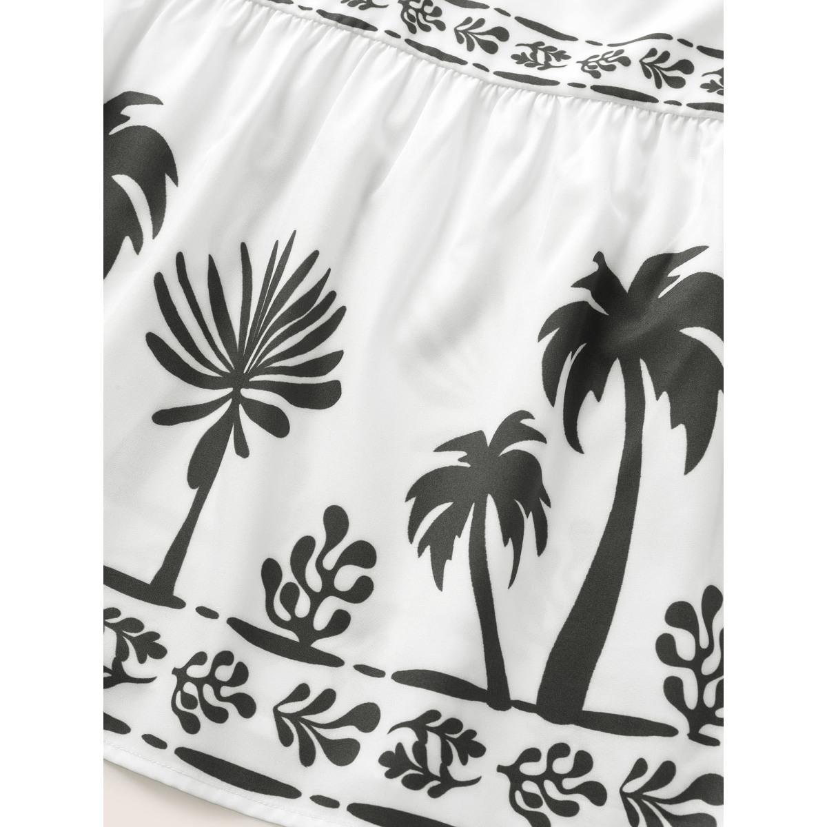 Plus Size White Silhouette Floral Print Frill Trim Gathered Blouse Women Resort Half Sleeve V-neck Vacation Blouses BloomChic 10/M Product Image