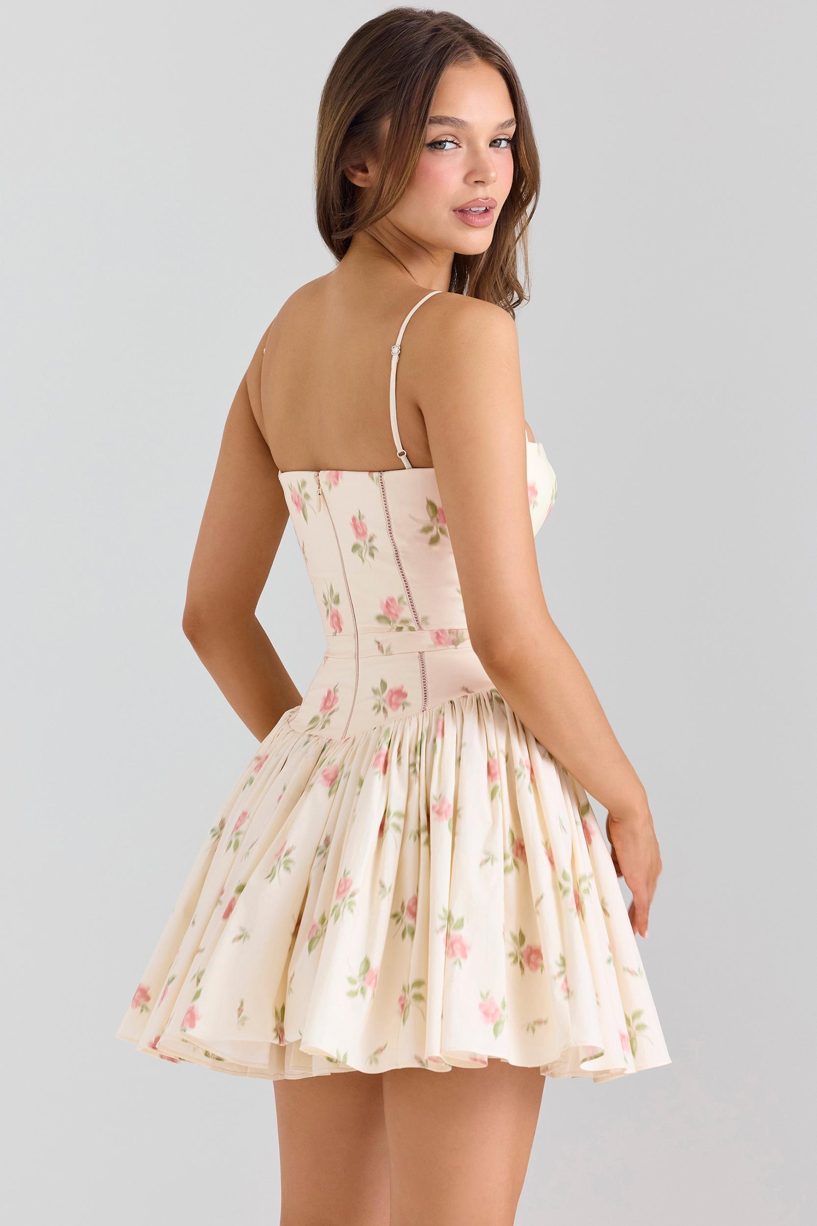 Carmel  pink stretch cotton floral print mini dress Product Image