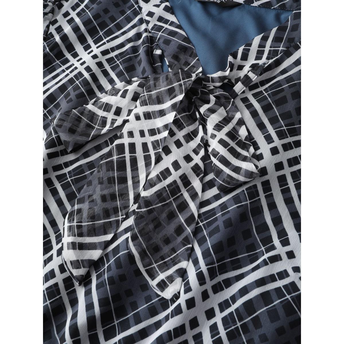 Plus Size Plaid Print Sheer Mesh Neck Tie Midi Dress Mediumblue Women Office Ribbon-tied collar Extra Long Sleeve Curvy BloomChic 26/4X Product Image