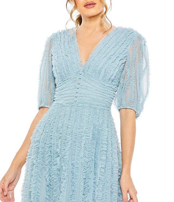 Mac Duggal V-Neck 3/4 Sleeve Embellished Tiered Ruffled A-Line Gown Product Image