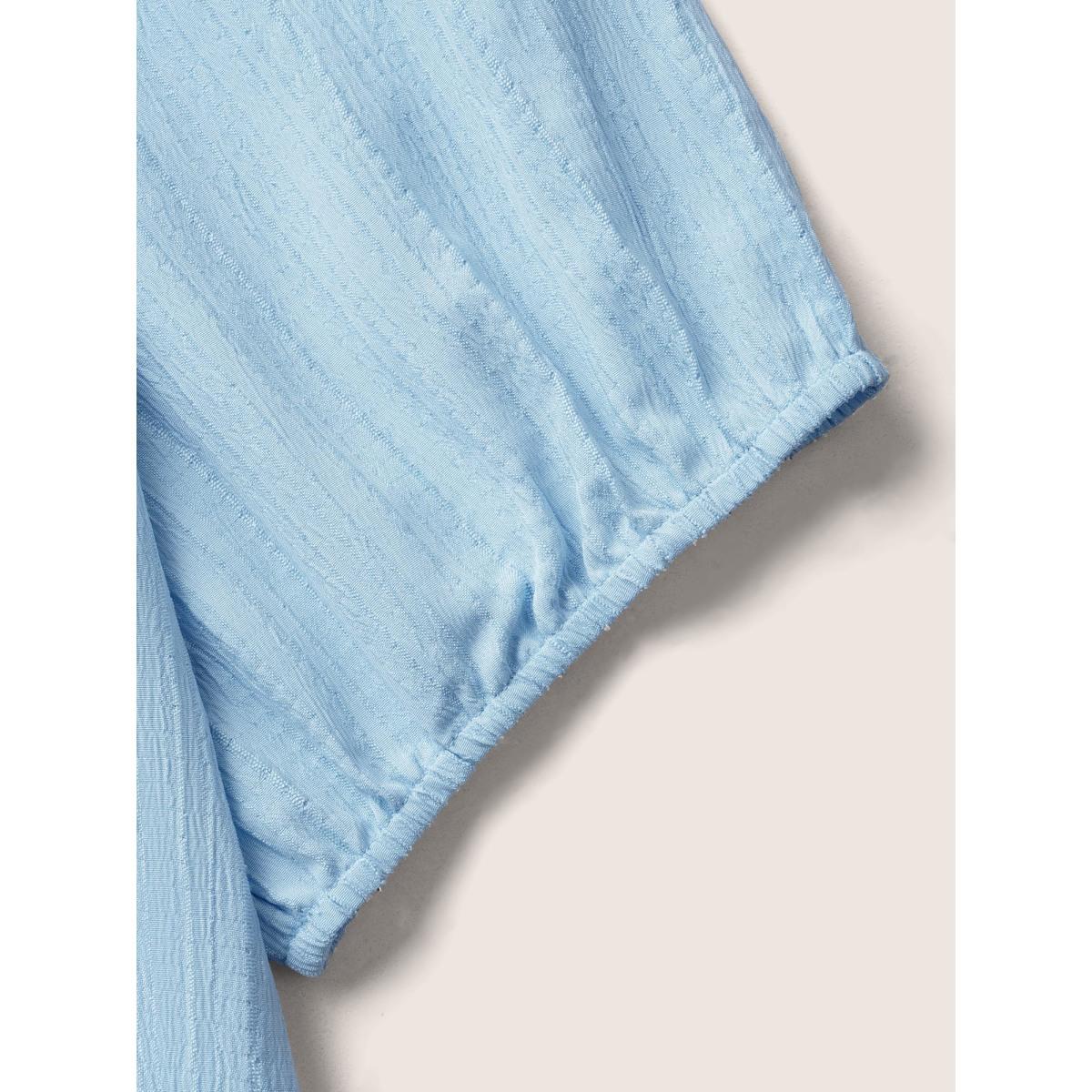 Plus Size LightBlue Plain Textured Woven Ribbon Keyhole Blouse Women Casual Short sleeve V-neck Everyday Blouses BloomChic 10/M Product Image