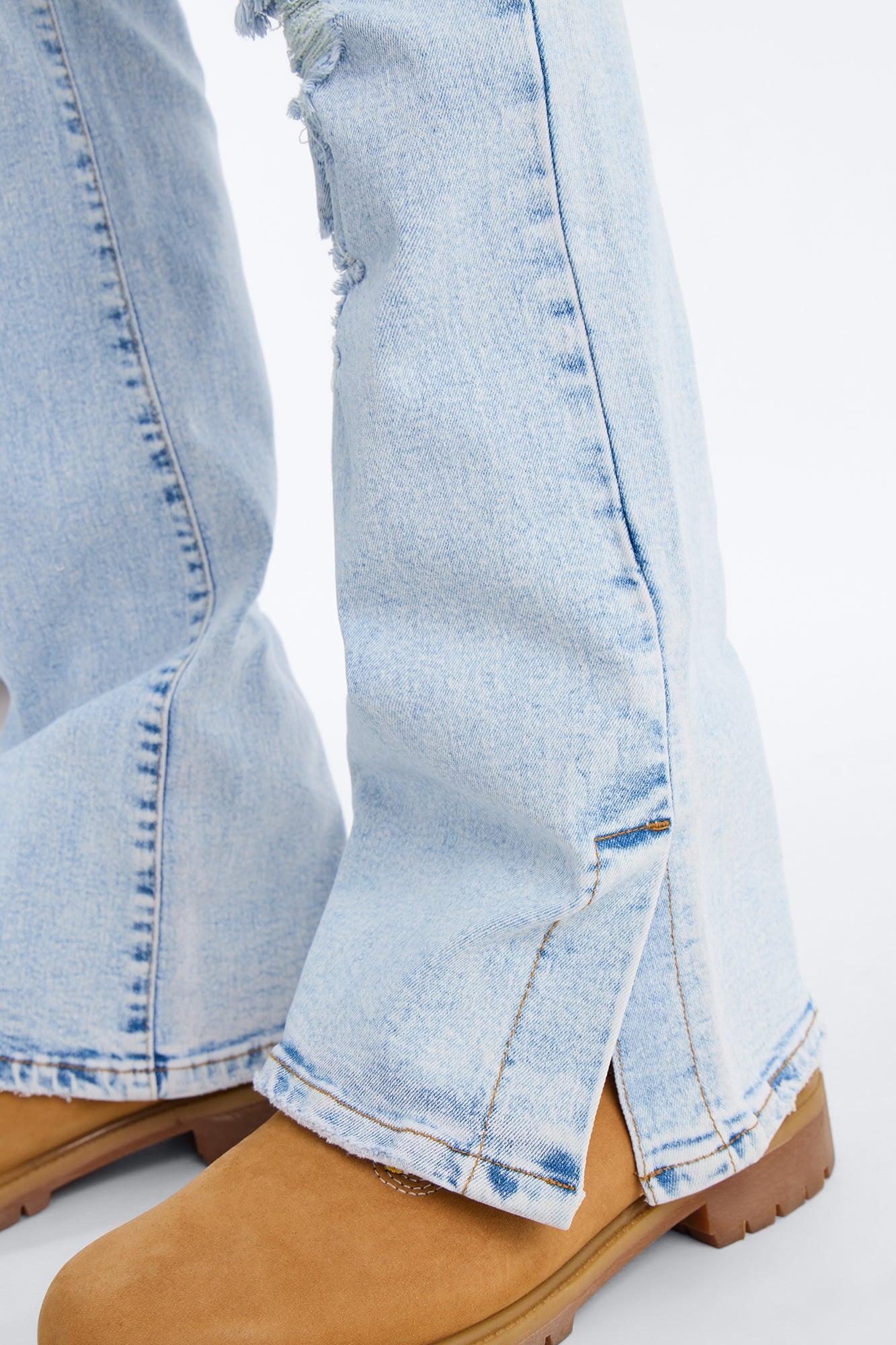 Stacked Skinny Flare Slit Dare Me Distressed Jean - Light Blue Wash Product Image