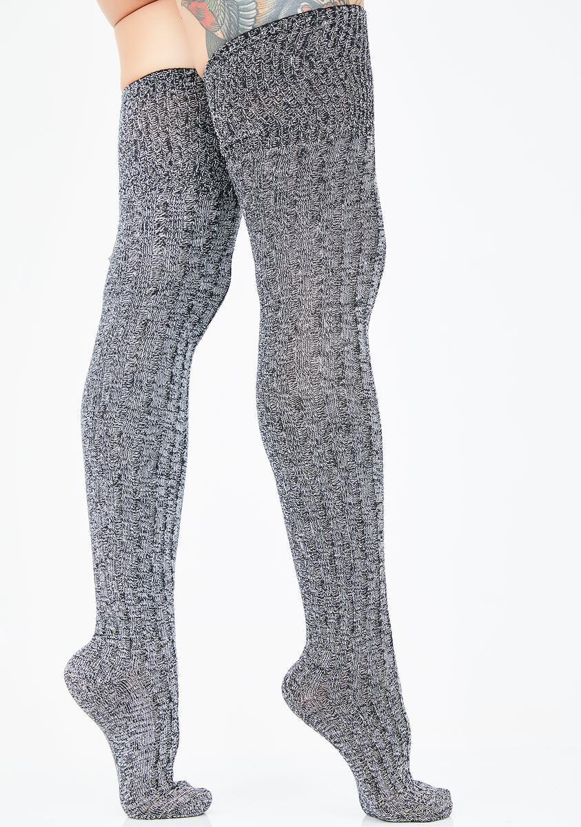 Gray Ribbed Thigh High Socks Product Image