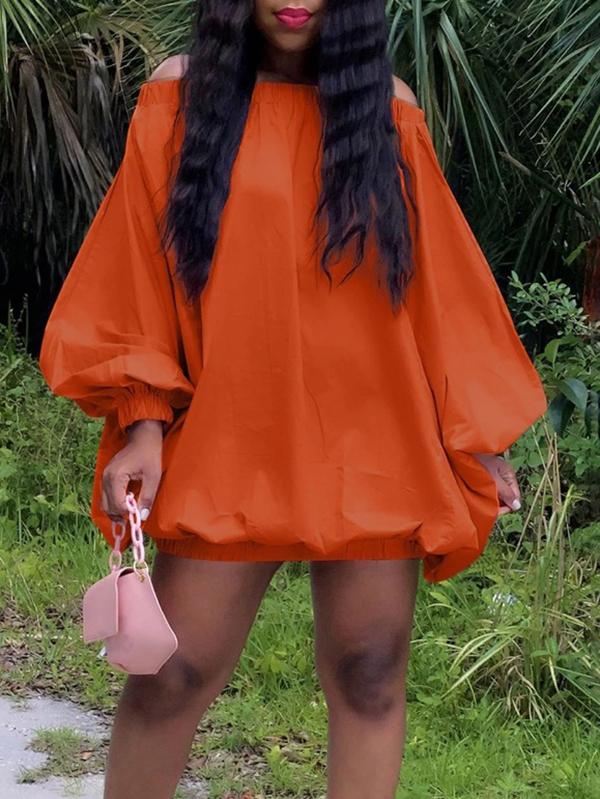 Long Sleeves Loose Elasticity Solid Color Off-The-Shoulder Mini Dresses Product Image