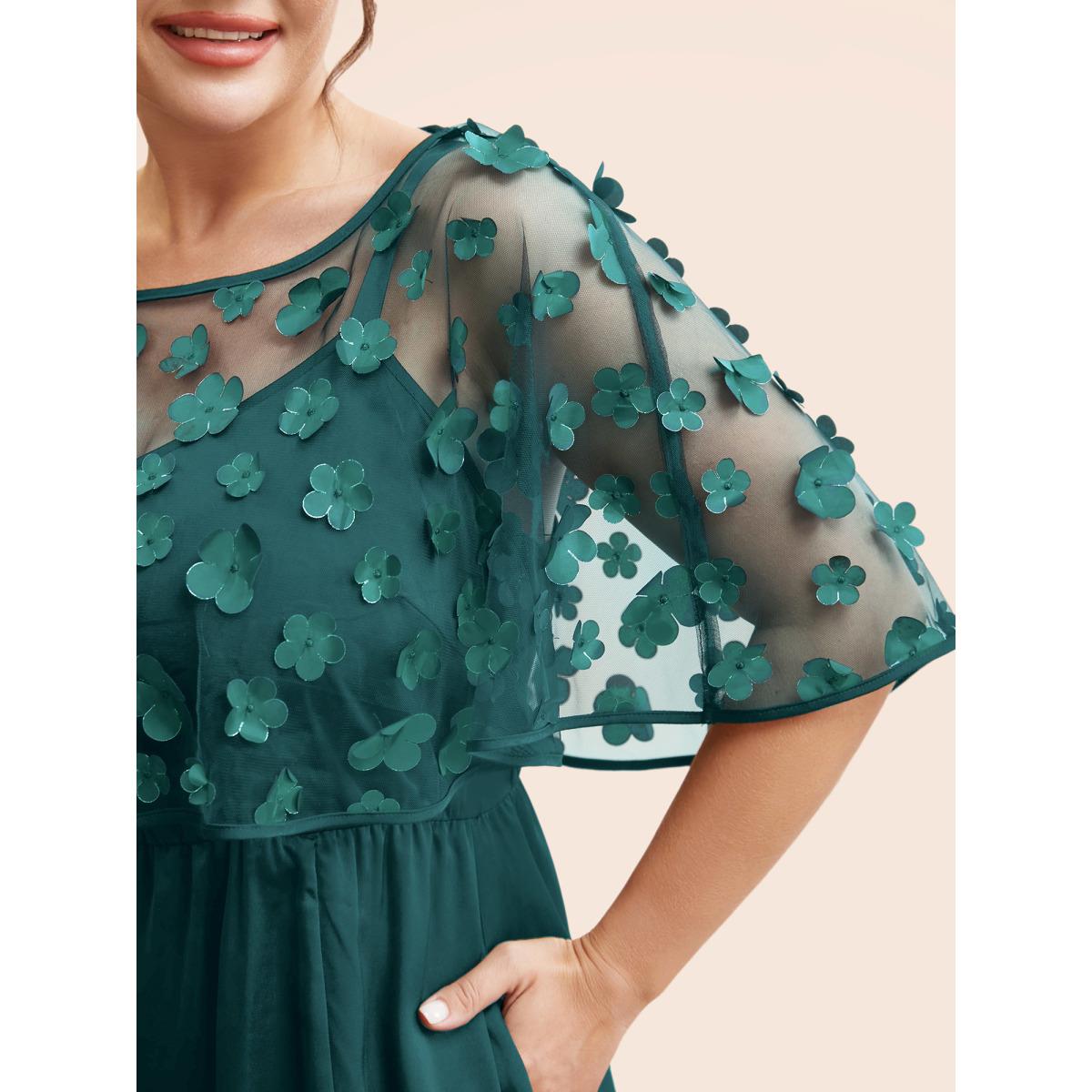 Plus Size Two-Piece Appliques Mesh Shawl Split Hem Dress Teal Women Cocktail Texture Round Neck Short sleeve Curvy BloomChic 10/M Product Image