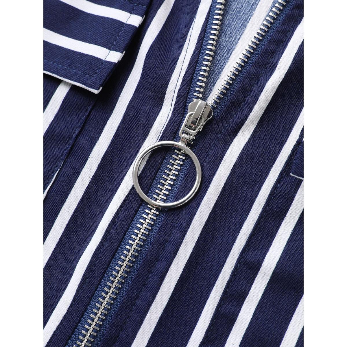 Plus Size DarkBlue Stripe Print Zipper Folded Sleeve Blouse Women Office Elbow-length sleeve Shirt collar Office Blouses BloomChic 12/L Product Image