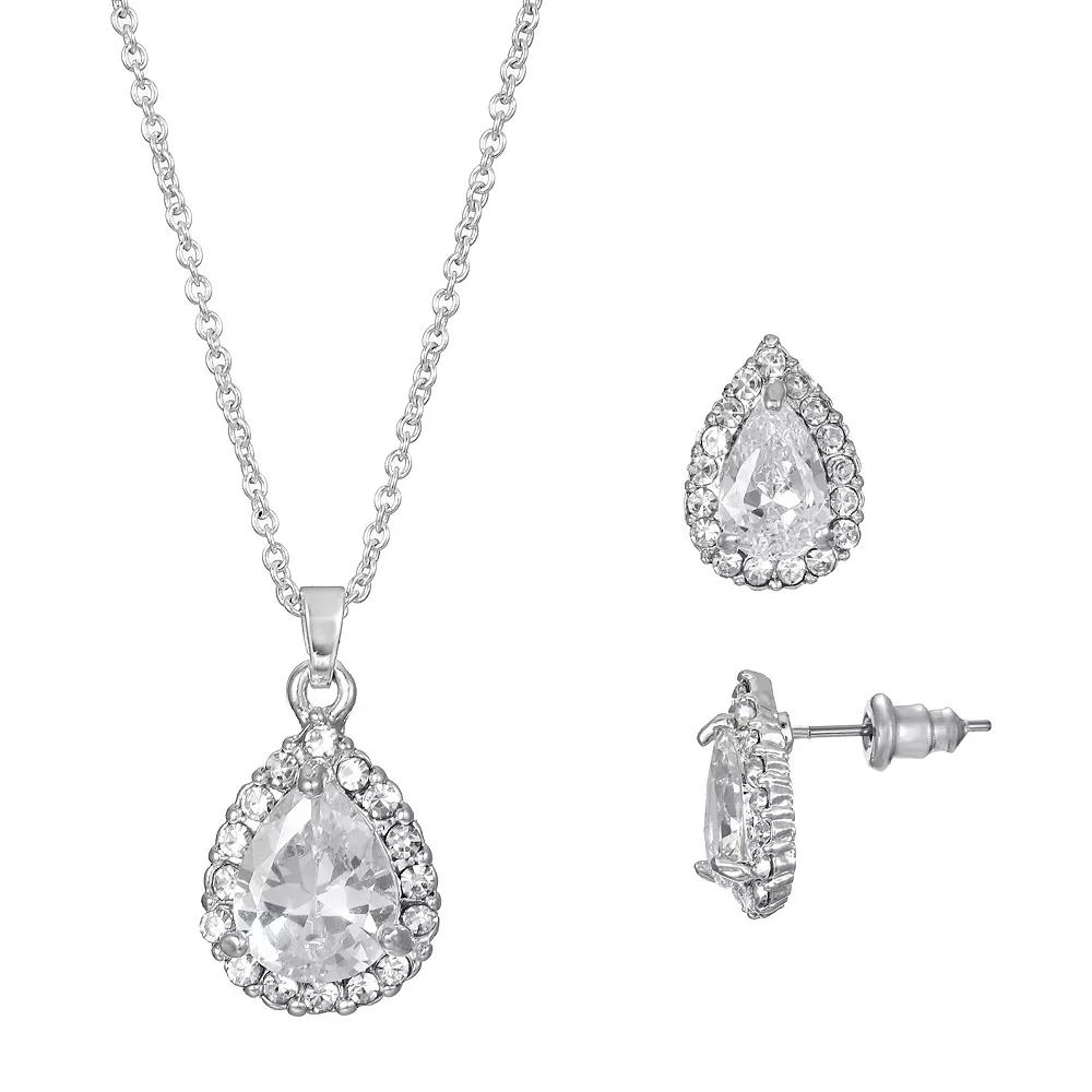 Primavera Silver Plated Cubic Zirconia Pave Teardrop Pendant & Earring Set, Womens Silver Tone Product Image