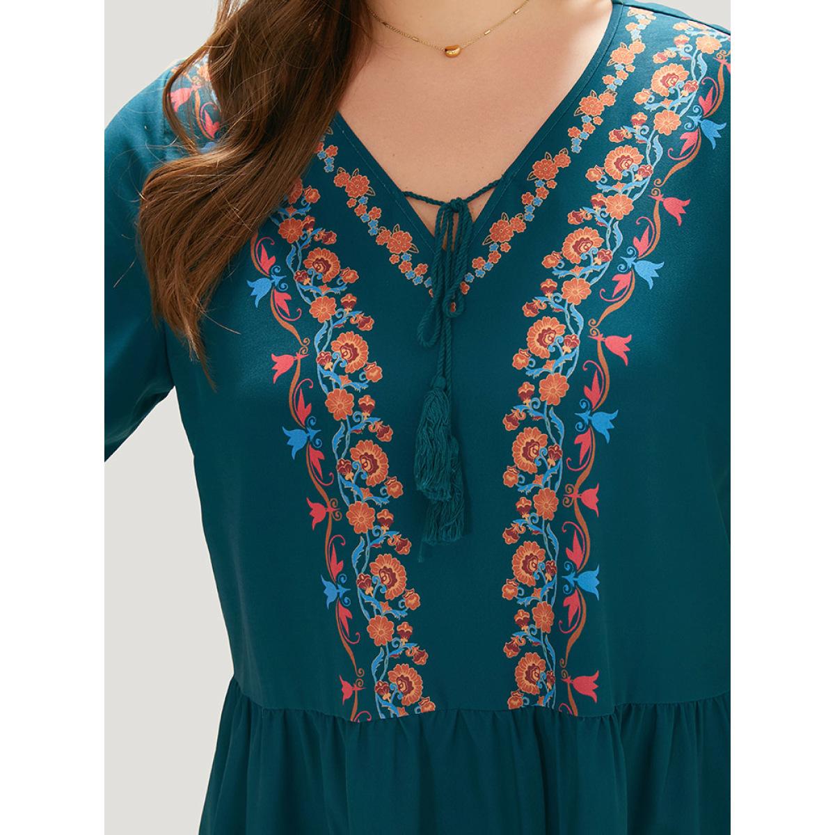 Plus Size Aegean Bandana Print Ties Flutter Trim Gathered Blouse Women Vacation Half Sleeve V-neck Dailywear Blouses BloomChic 28/5X Product Image