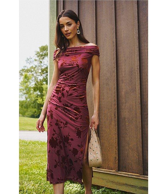 Adrianna Papell Off-The-Shoulder Burnout Velvet Midi Dress Product Image