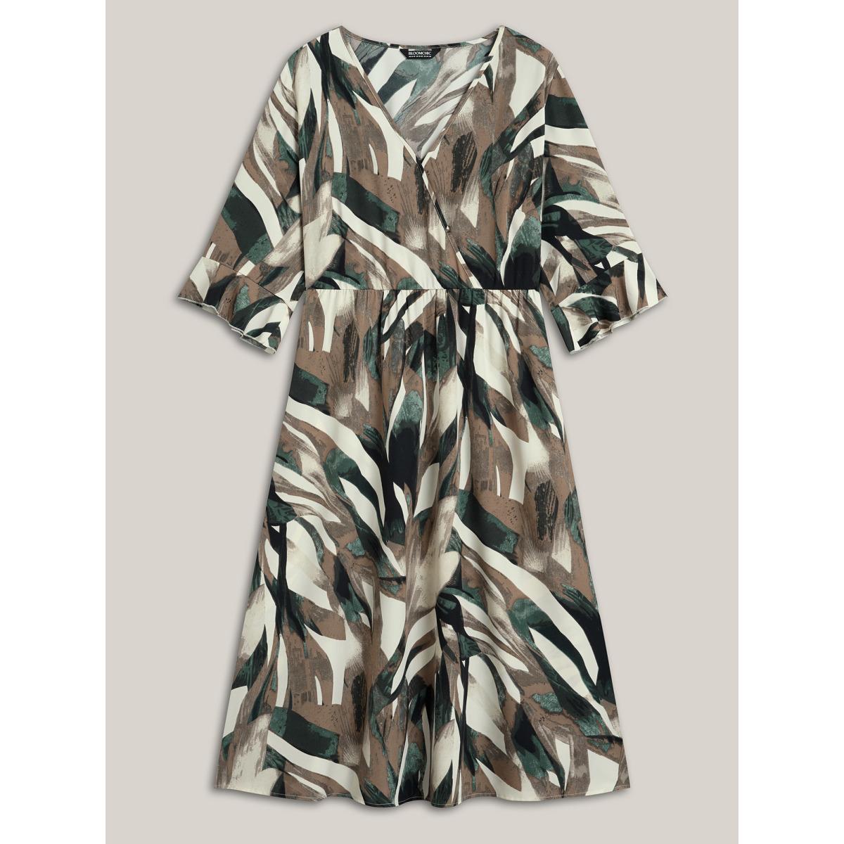 Plus Size Abstract Print Lotus Leaf Cuff Pockets Dress DarkBrown Women Elegant Ruffles Overlap Collar Elbow-length sleeve Curvy BloomChic 22-24/3X Product Image