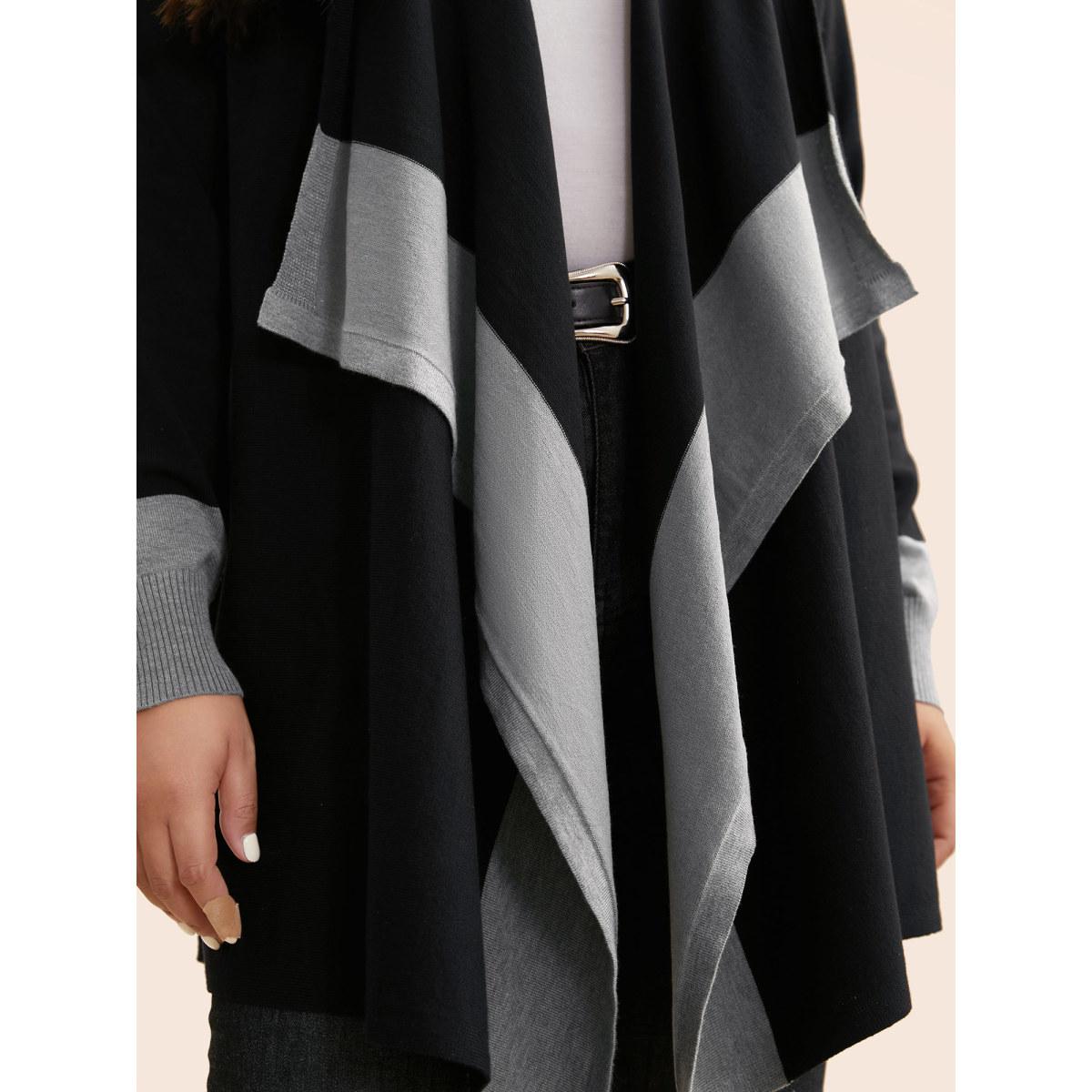 Plus Size Contrast Kimono Collar Asymmetrical Hem Cardigan Black Women Casual Loose Long Sleeve Everyday Cardigans BloomChic 30/6X Product Image