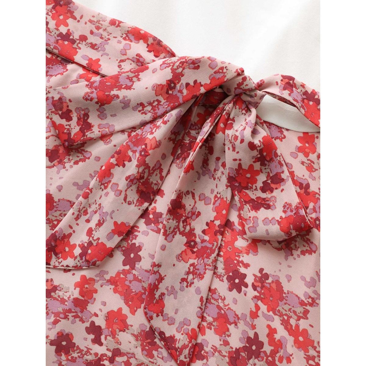 Plus Size Ditsy Floral Patchwork Hanky Hem Midi Dress Lightpink Women Elegant Belted Round Neck Sleeveless Curvy BloomChic 18-20/2X Product Image