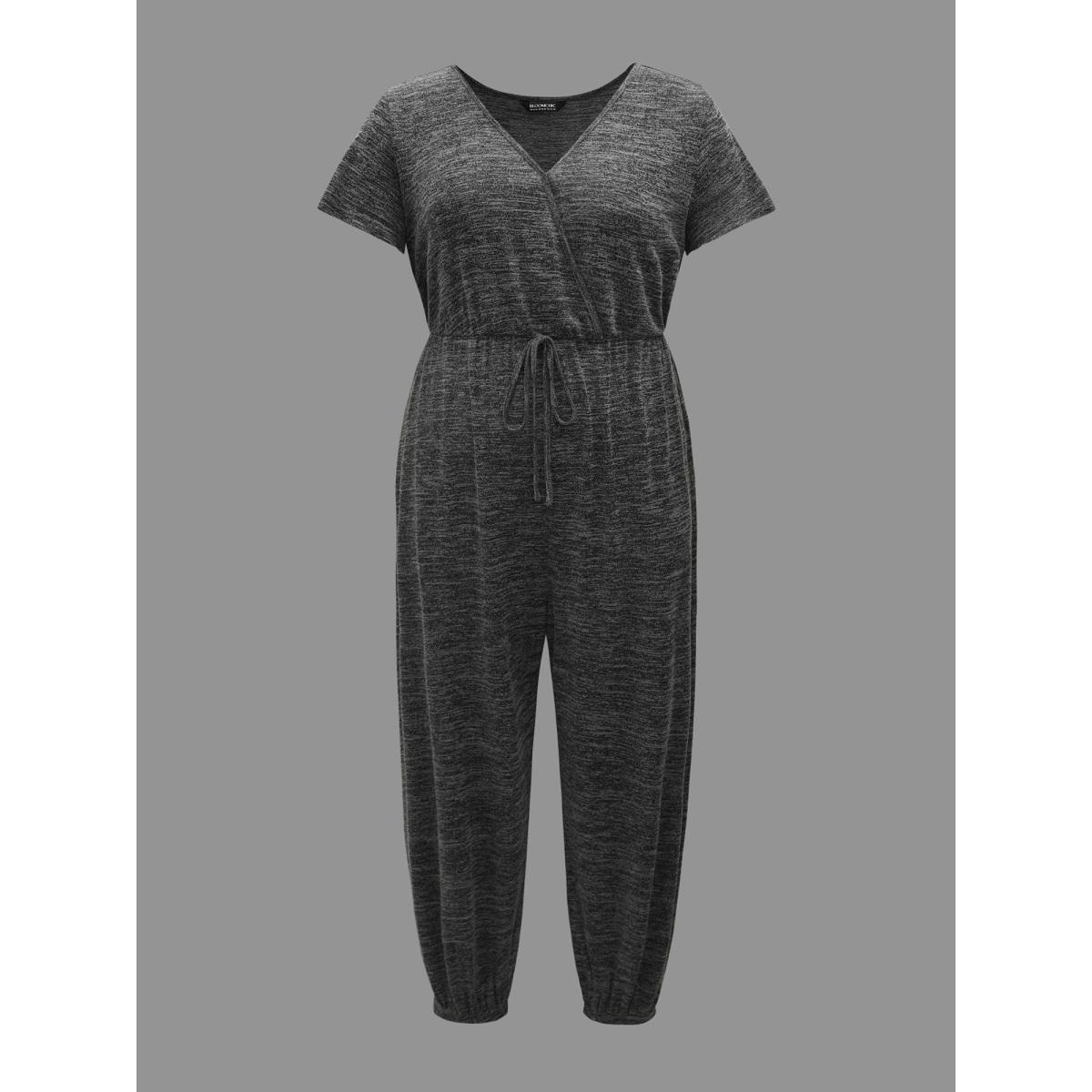 Plus Size DimGray Plain Wrap Drawstring Pocket Jumpsuit Women Leisure Short sleeve Overlap Collar Casual Loose Jumpsuits BloomChic 28/5X Product Image