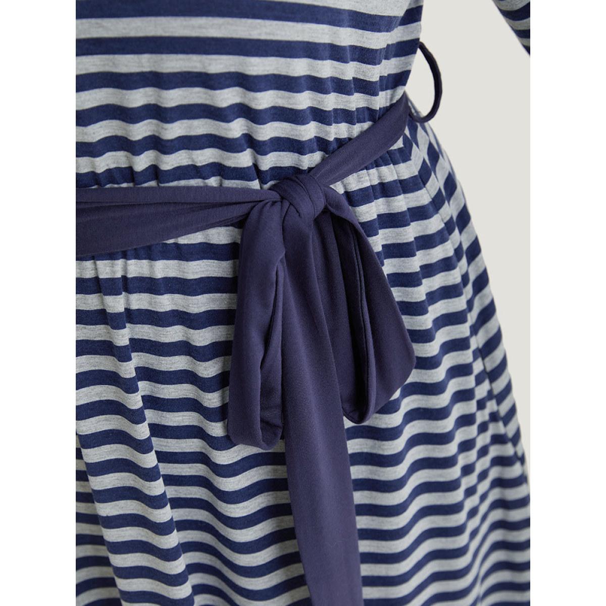 Plus Size Striped Pocket Button Up Belted Crew Neck Dress Indigo Women Casual Belted Round Neck Half Sleeve Curvy Midi Dress BloomChic 14-16/1X Product Image