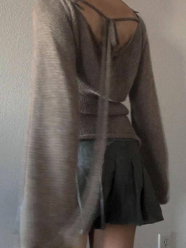 Solid Color Backless Lace Up Long Sleeve Knit Product Image