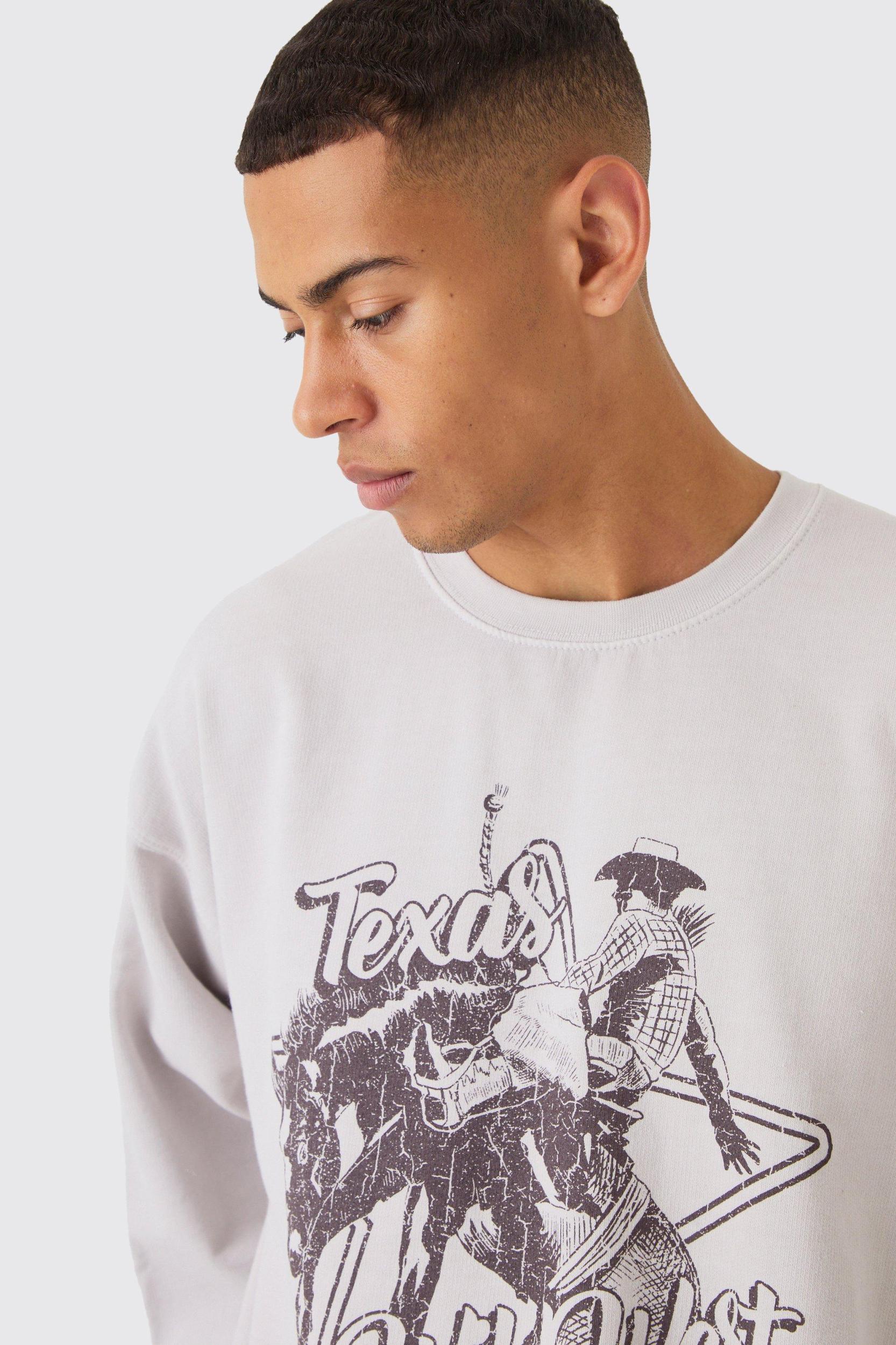Oversized Heavyweight Texas Western Graphic Washed Sweatshirt | boohooMAN USA Product Image