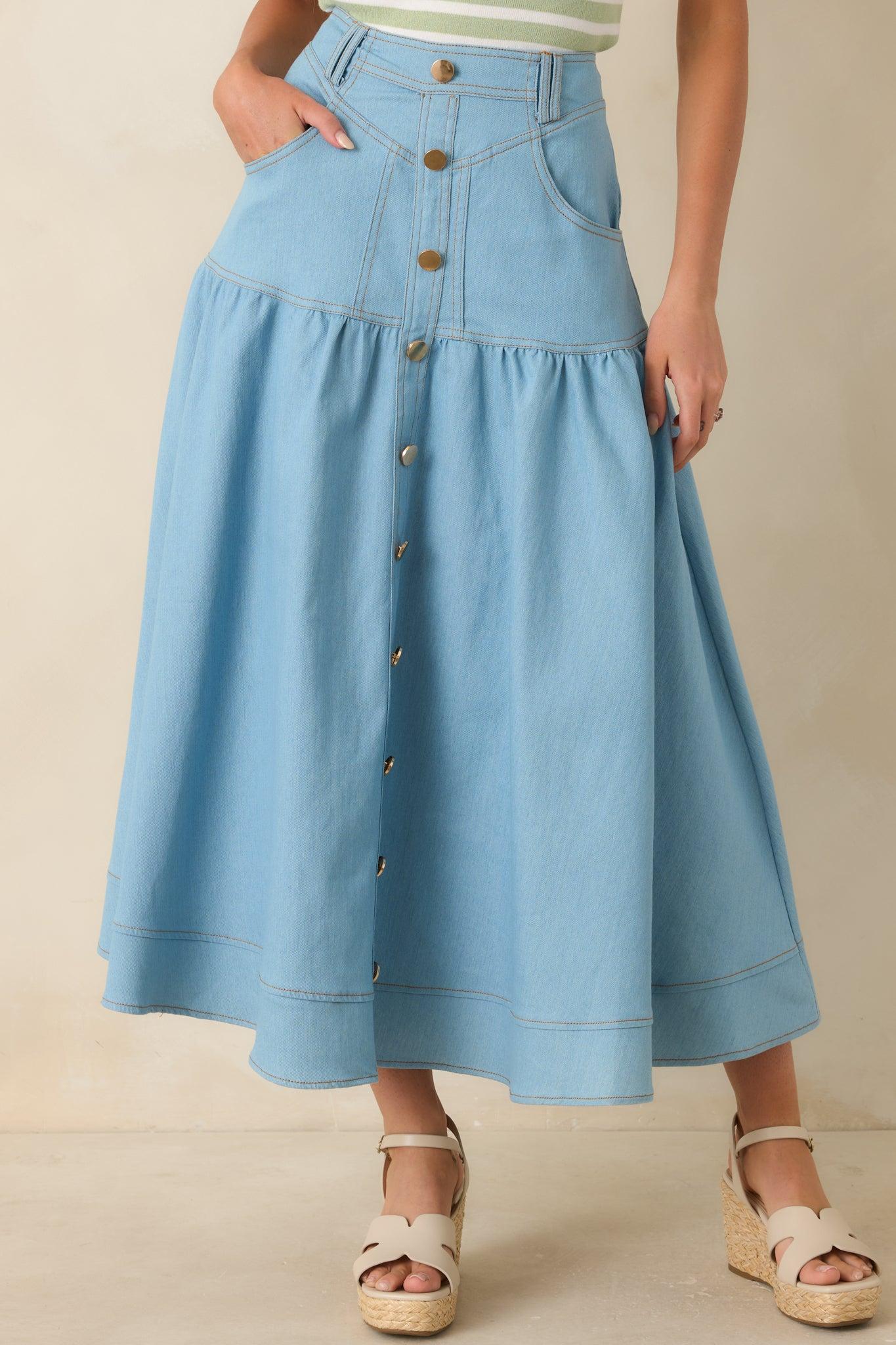 Town & Country Light Wash Denim Button-Down Maxi Skirt Product Image