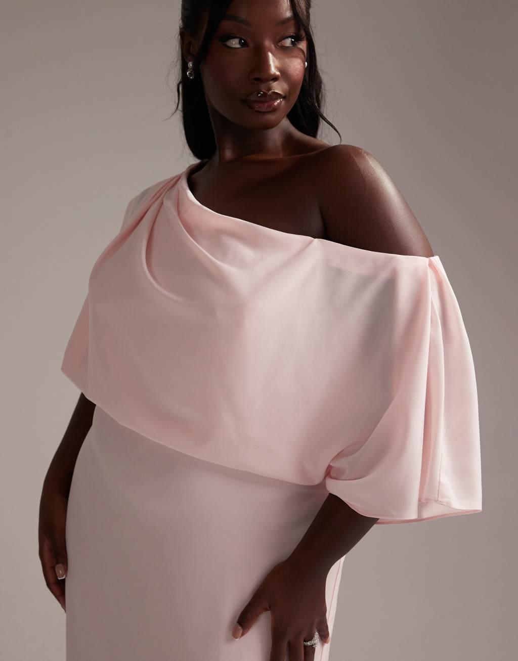 ASOS DESIGN Curve Bridesmaids crepe one shoulder draped maxi dress in soft pink Product Image