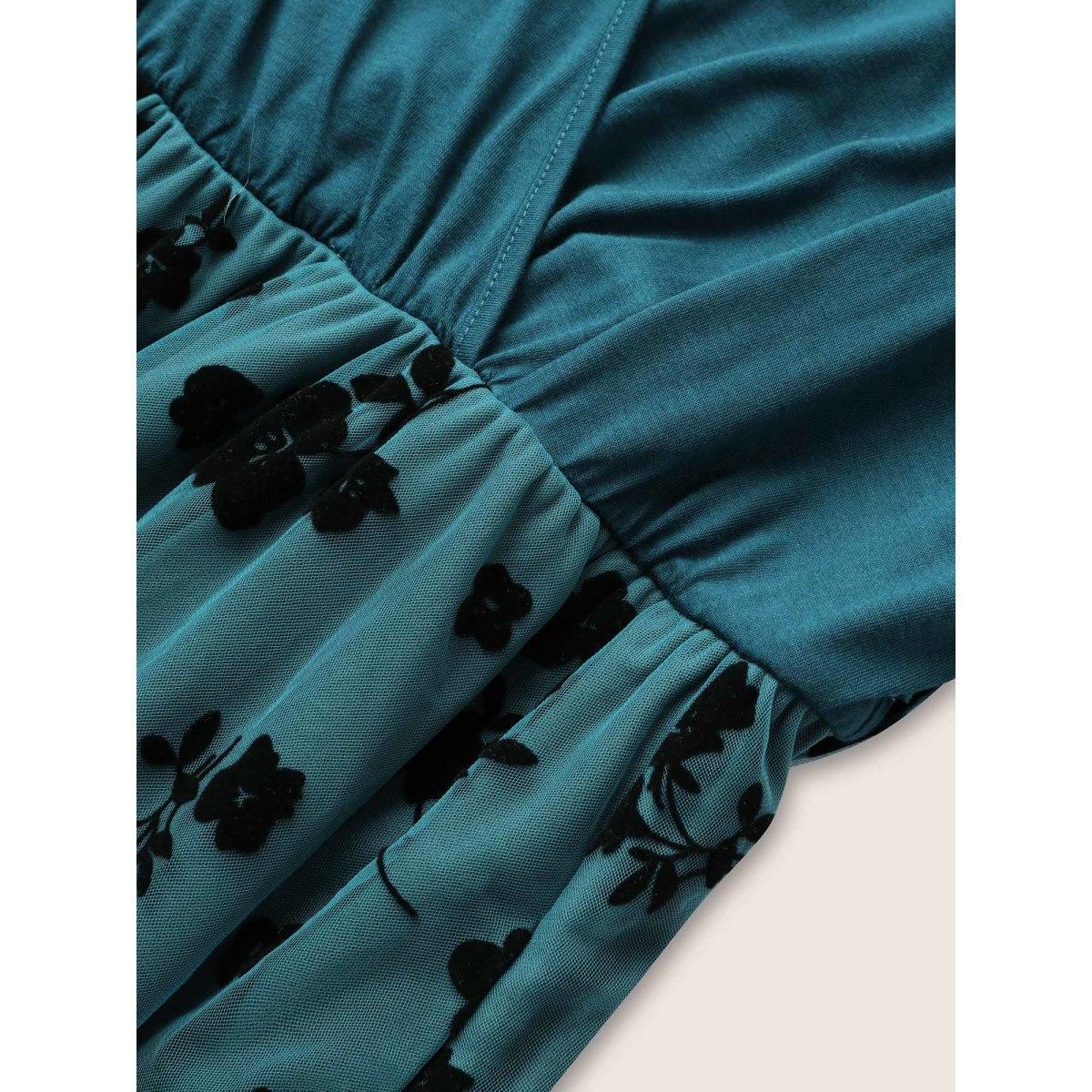 Plus Size Floral Mesh Patchwork Surplice Neck Tank Dress Cerulean Women Party&Cocktail Non Overlap Collar Sleeveless Curvy Midi Dress BloomChic 14-16/1X Product Image