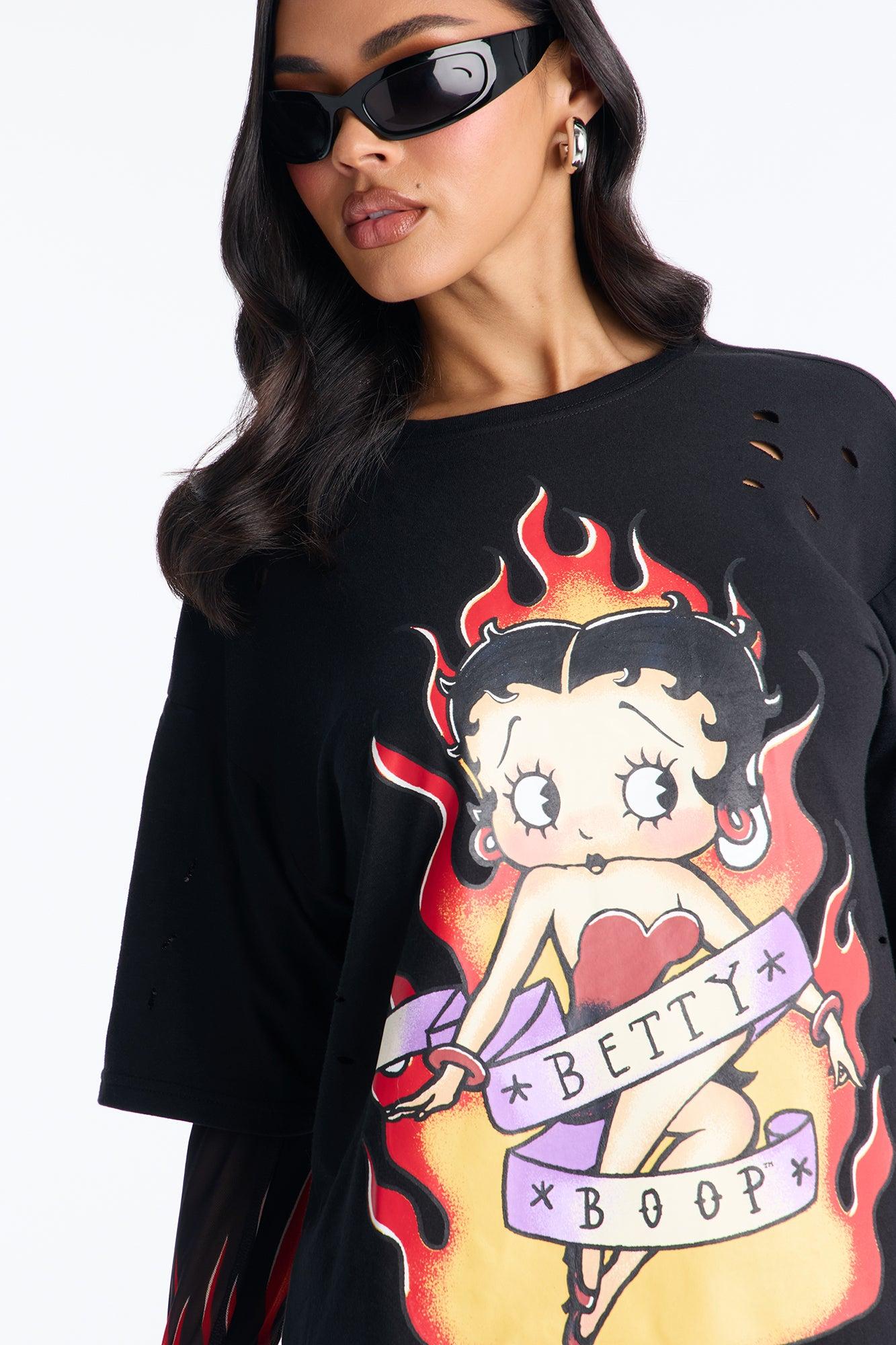 Betty Boop Distressed Mesh Sleeves Tshirt - Black Female Product Image