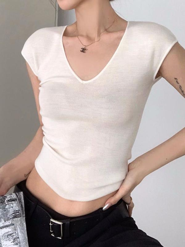 V Neck Slim Short Sleeve Knits Product Image