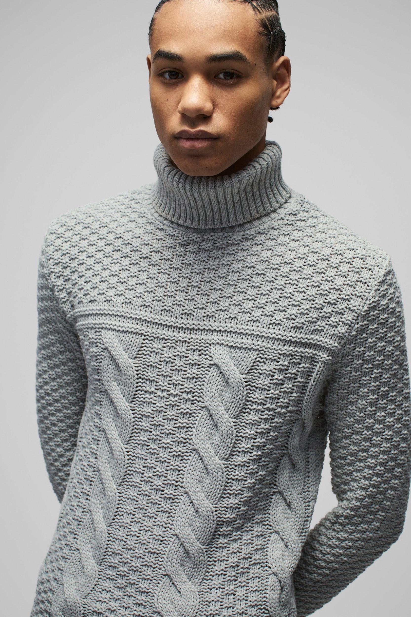 Regular Cable Knit Panel Roll Neck Knitted Sweater | boohooMAN USA Product Image