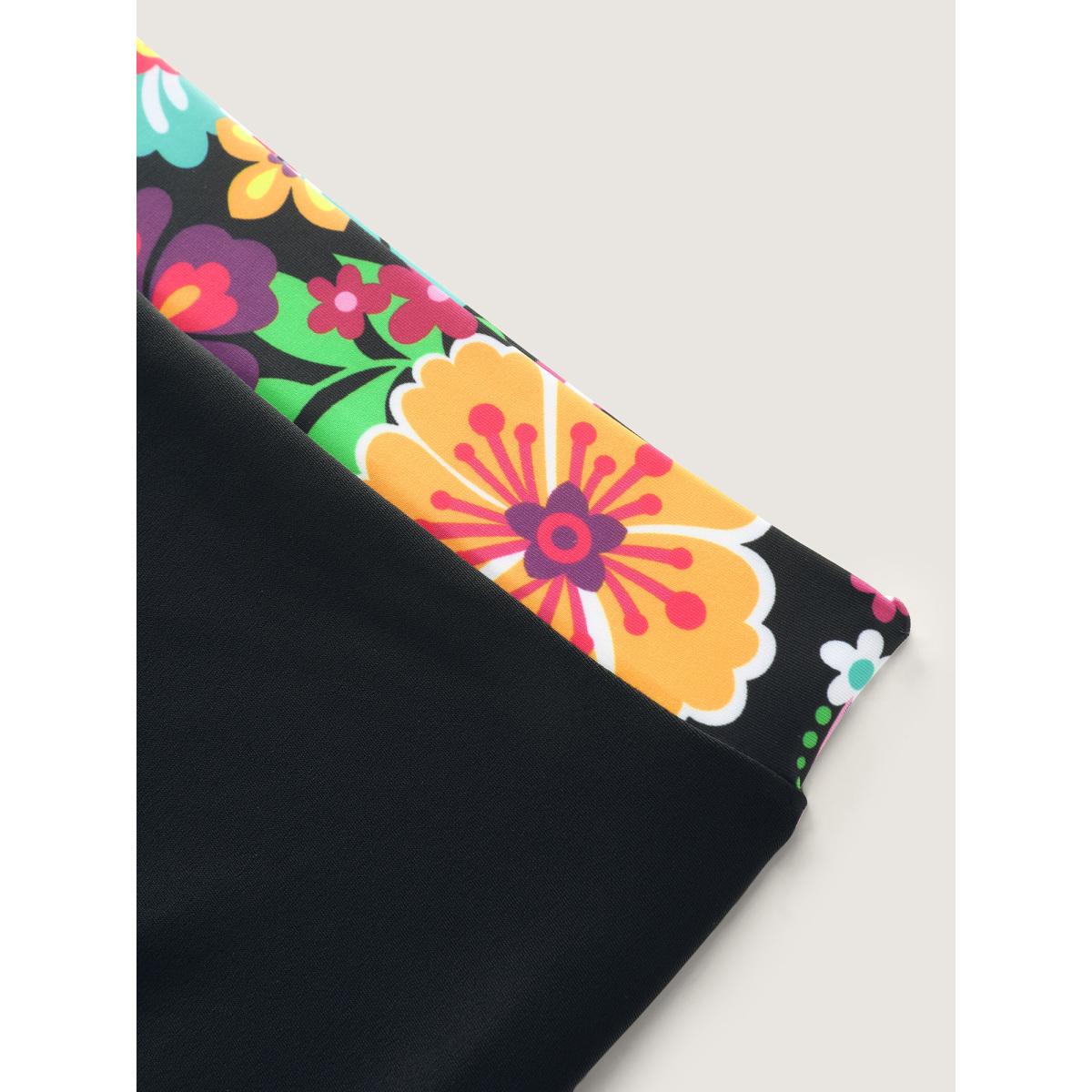 Plus Size Tropical Floral Print Tie-Up Swim Dress Women's Swimwear Black Resort Bodycon Heart neckline High stretch Curve Swim Dresses BloomChic 30/6X Product Image