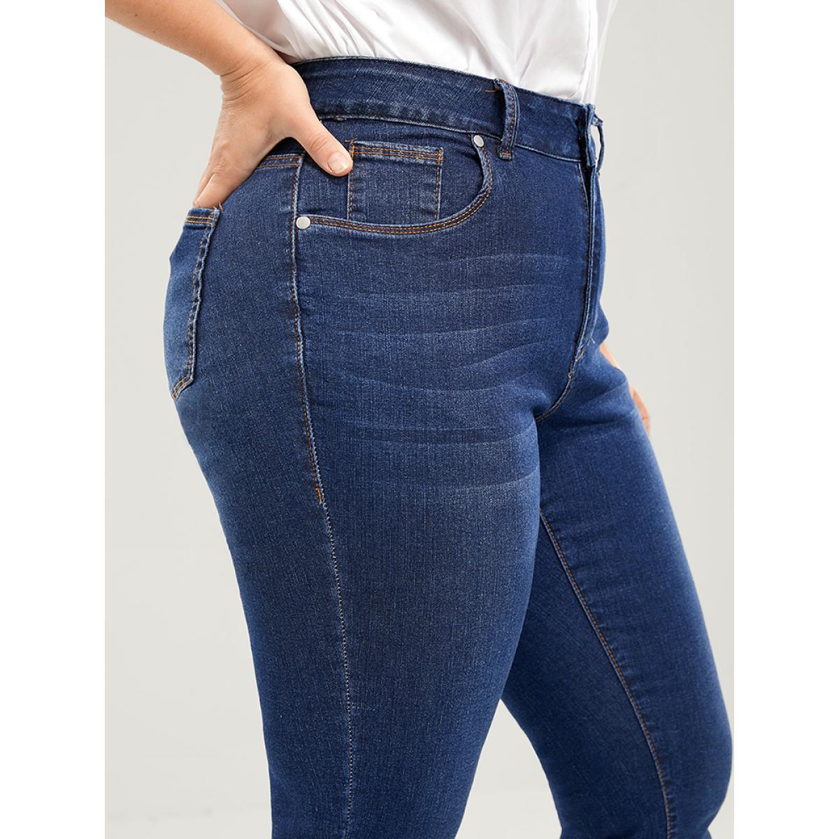 Plus Size Straight Very Stretchy High Rise Dark Wash Jeans Women DarkBlue Casual Plain Plain High stretch Pocket Jeans BloomChic 12/L Product Image
