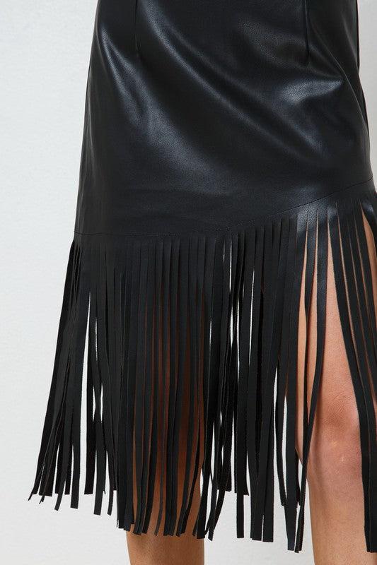 Edalyn Faux Leather Fringe Knee Length Skirt Product Image