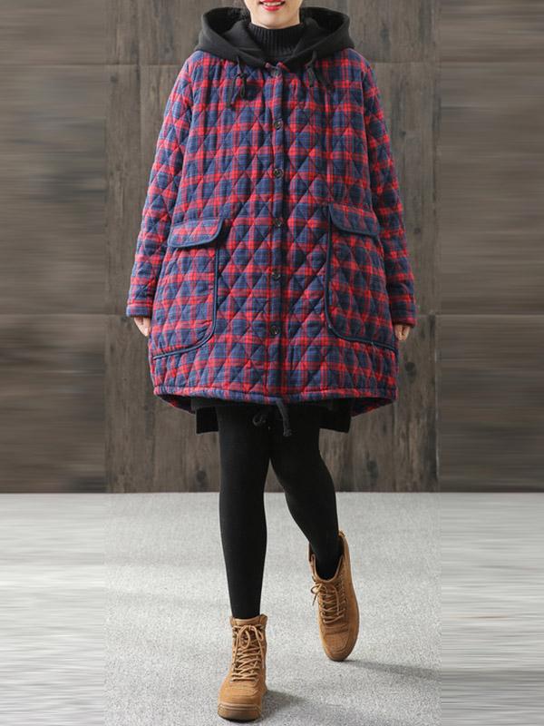 Vintage Loose Plaid Quilted Hooded Padded Coat Product Image