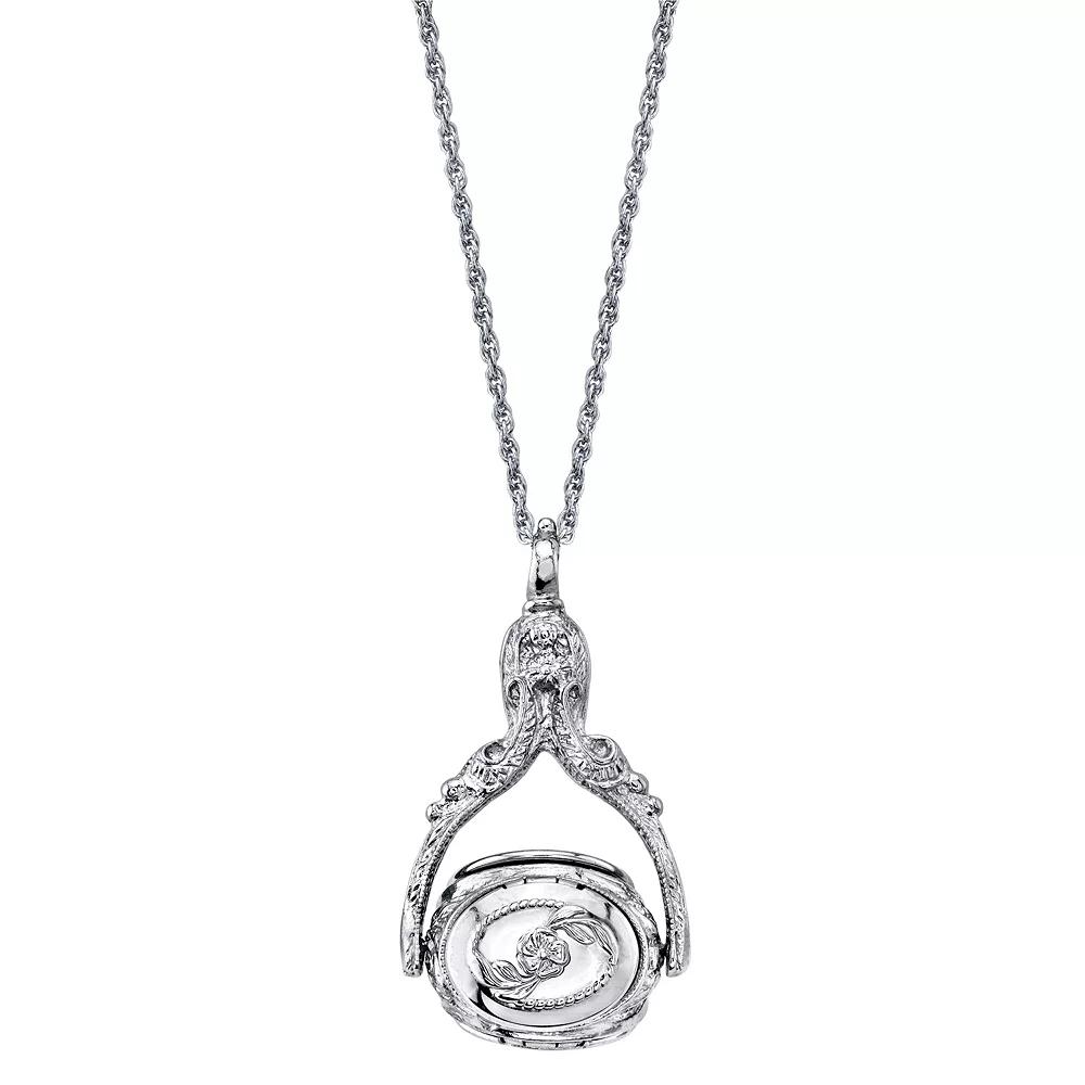 1928 Ornate Locket Pendant Necklace, Womens Silver Tone Product Image